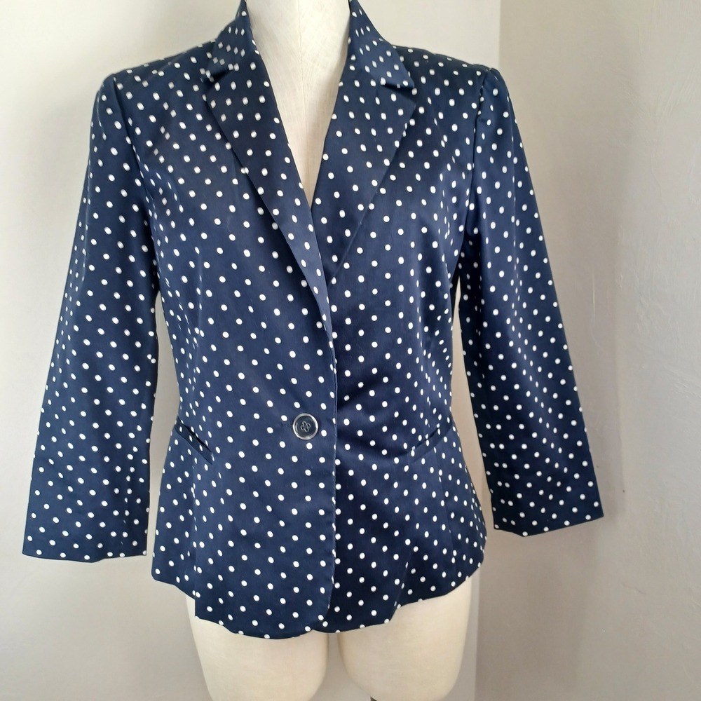 Sandro Studio Navy Blue White Polka Dot Single Button Blazer Jacket Women Size M - Picture 2 of 9